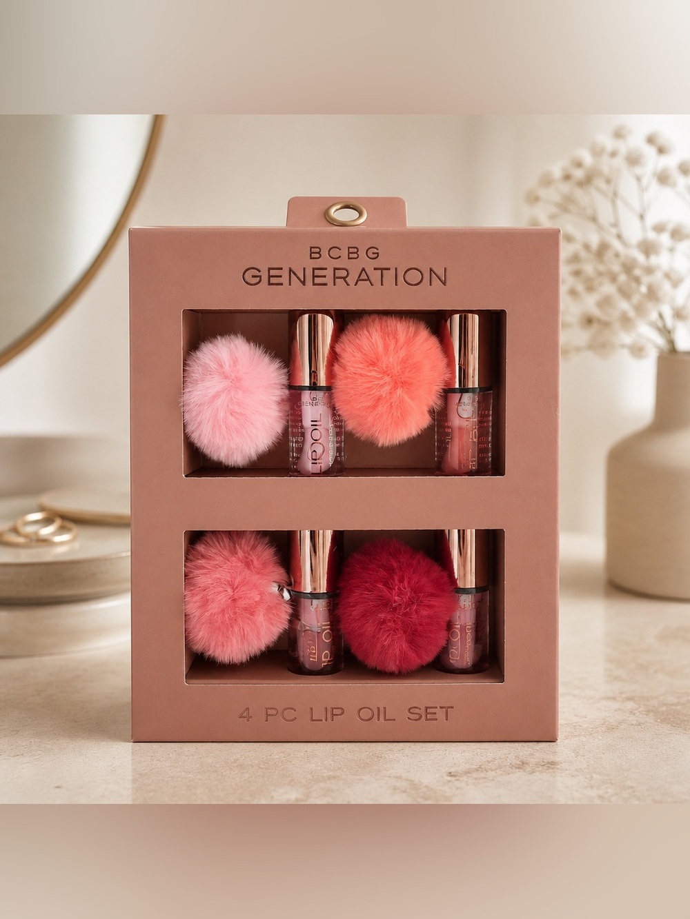 BCBGeneration 4PC Lip Oil Set Pink Coral Pom Pom NWT